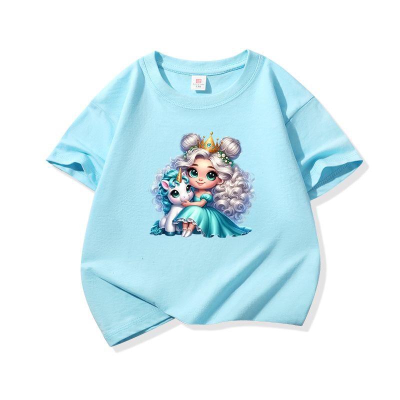 Kids Cotton T Shirt Princess Girl With Blue Unicorn Print Crew Neck Short Sleeve Tee Casual Boys Girls Summer Tops