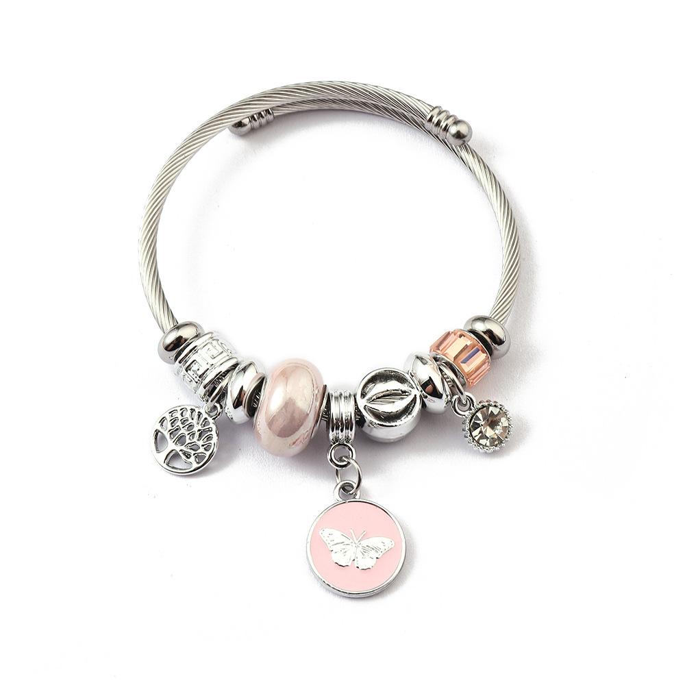 Simple Fashion Stainless Steel Bracelet With Crystal Bead Pendant Unisex Jewelry