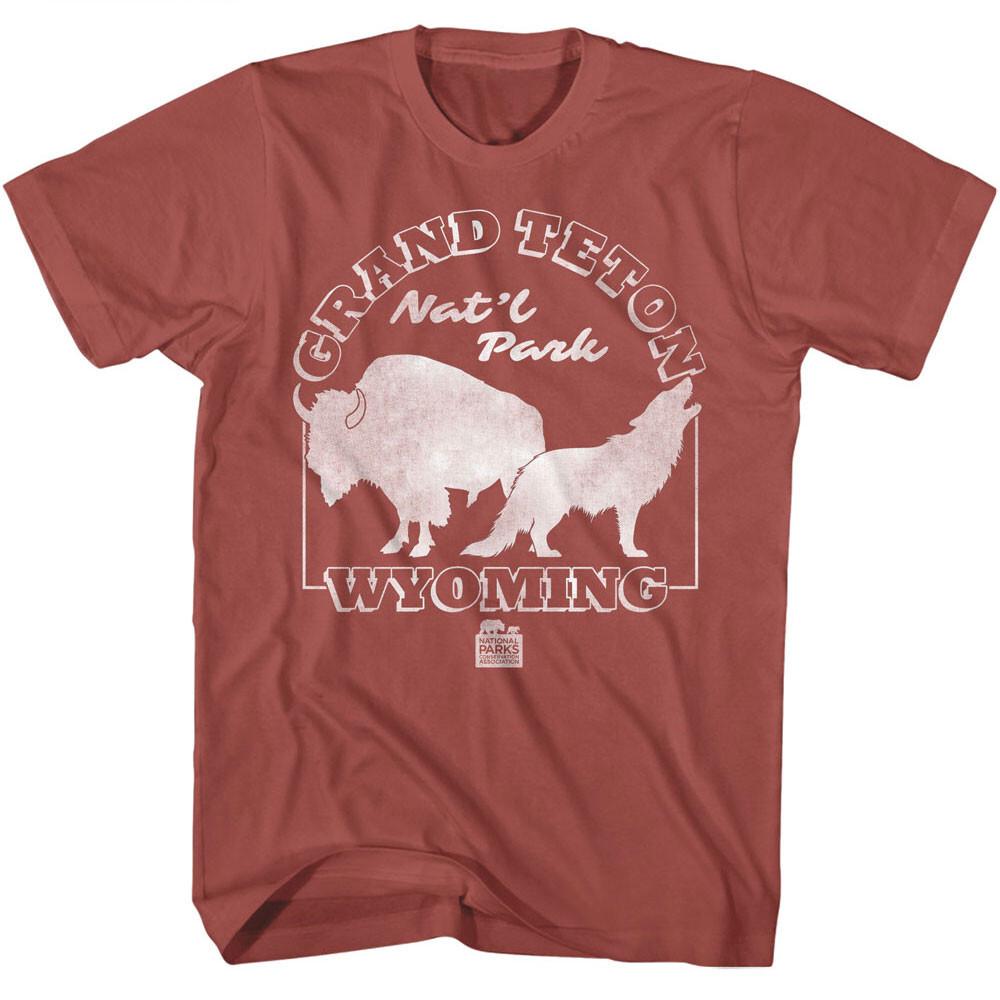 United States Grand Teton National Parks Wyoming Bison Wolf Men T Shirt L