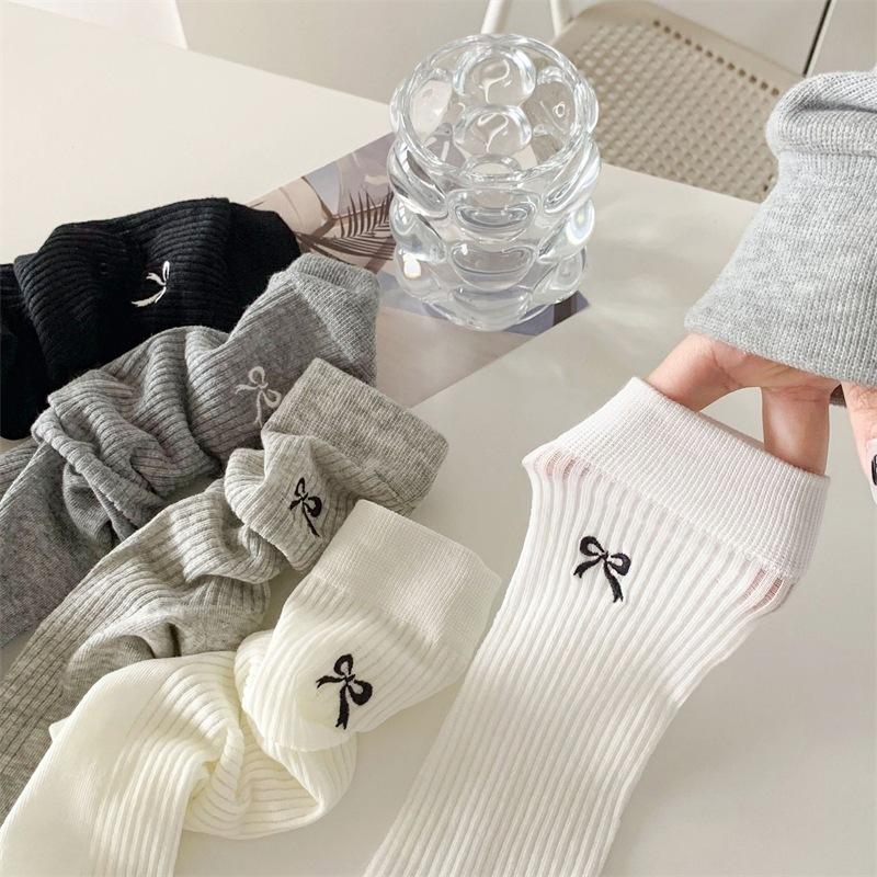 Bow Ultra-Thin Medium Tube Socks Solid Color Cotton Breathable Mesh Socks Ballet Style Stacking Socks