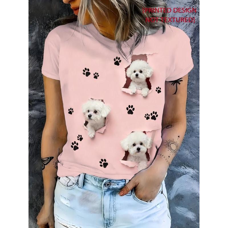 

Cat Paw Print Round Neck T-shirt | Spring and Summer Casual Short-sleeved Tops, Comfortable and Fashionable Tops for Women S