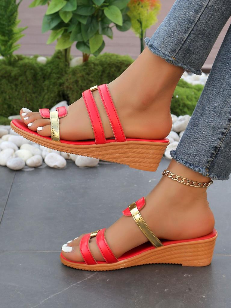 Women's Slope Heel Slippers  Summer European and American Large Size New Color Matching Fish Mouth Beach Cool Slippers Women