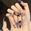 Handmade Press On Nail Cool Black Pink Metallic Silver Gradient 3D Carved Flowers Long Water Drop Fake Nail Patch Artificial Nail Reusable