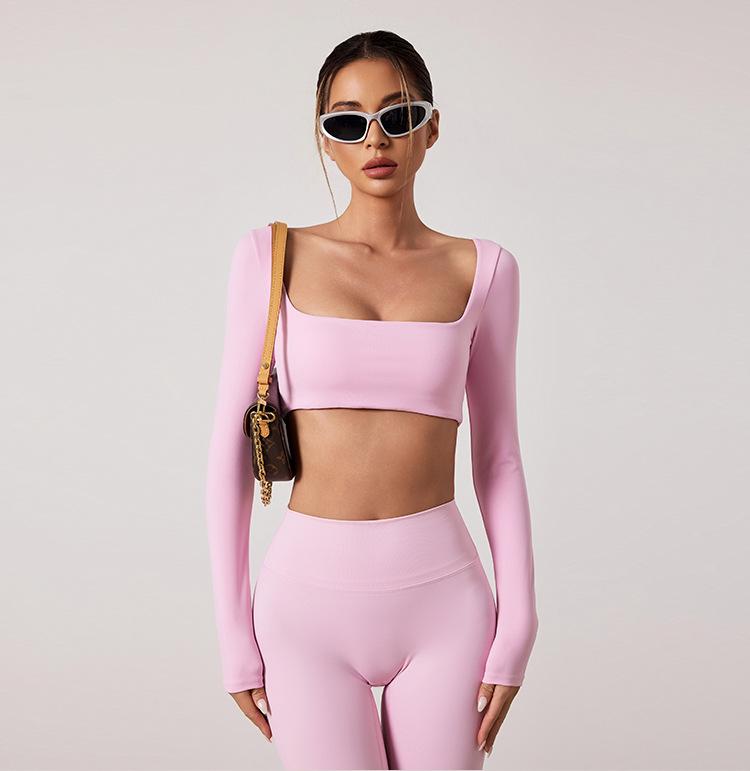 European & American Dance Yoga Wear: Sexy Square Neck Long Sleeve Top & High Waist Hip-Lifting Pants Set