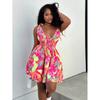 European Summer Sexy Temperament Woven Print Halter V-neck Sleeveless Off-the-shoulder Mini Dress