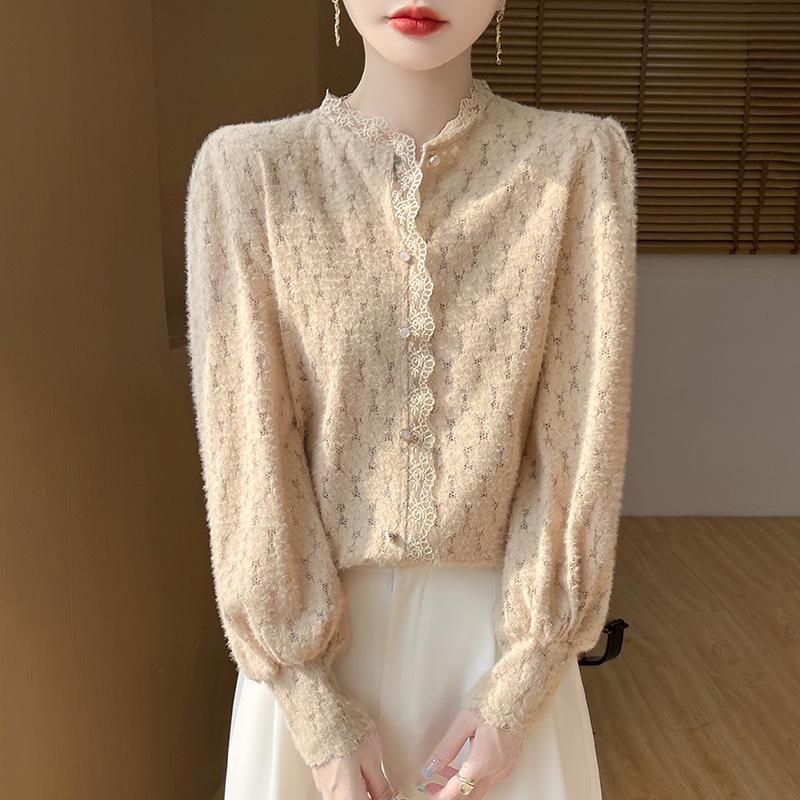 

Темпераментный полированный полый рукав-пузырь кружевной топ женская базовая рубашка весна и осень новый свободный XXL хаки