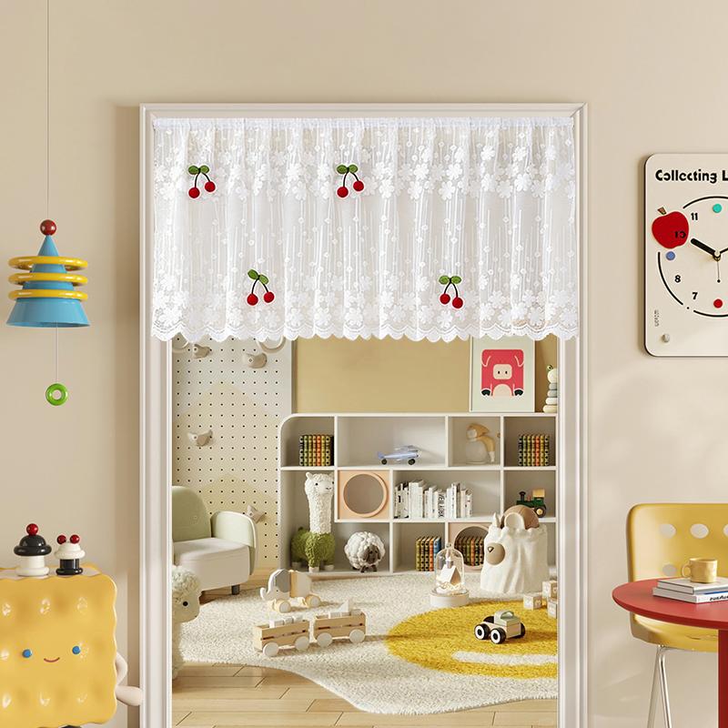 White Lace Half Curtain Cute Cherry Design Window Door Short Curtain Cabinet Wardrobe Furniture Dust-proof Curtain Sheer Voile