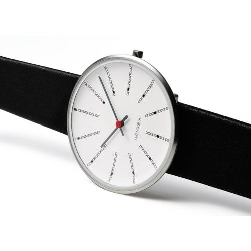 ARNE JACOBSEN BANKERS 53101-1601 Watch, 34mm, Scandinavian Design, Water Resistant (Quiet Design with No Second Hand), White with Black Leather Strap