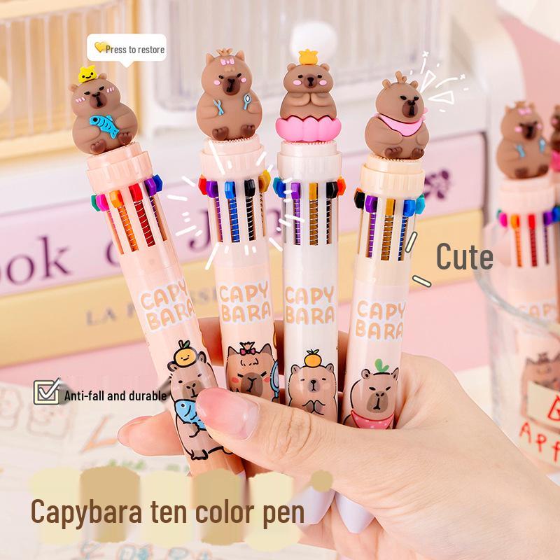 Capybara Multi-Color Cartoon Ballpoint Pen - Ten Colors Press-Type Note Marker for Students