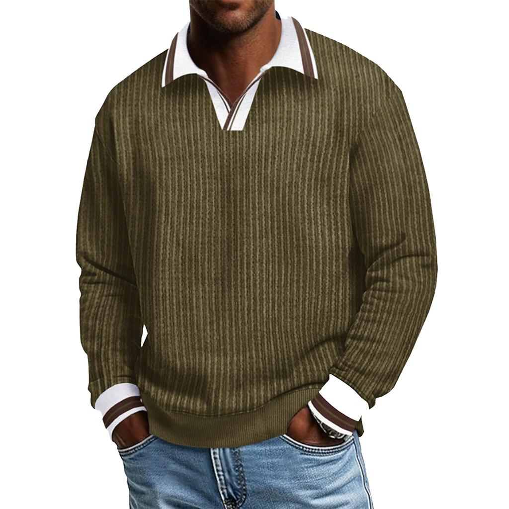 Men's Long,sleeved Color,blocked Pullover, Men's Lapel Corduroy Long,sleeved Top