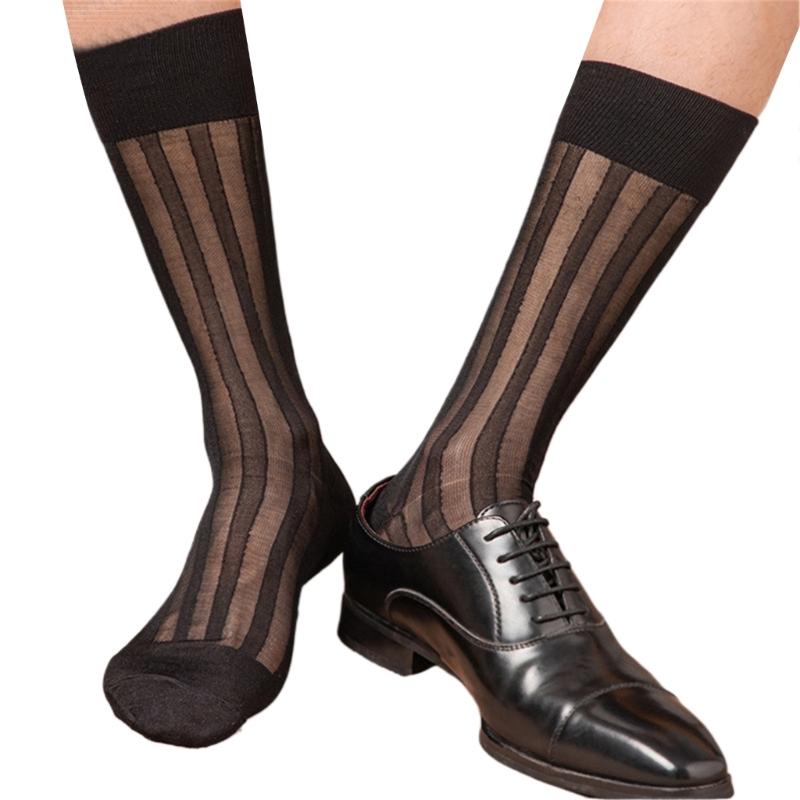 Herren Business Anzug Weiche Atmungsaktive Nylon Durchsichtige Strümpfe Dünne Durchsichtige Seide Breit Gestreifte Wadenstrümpfe für Formelle Anlässe schwarz