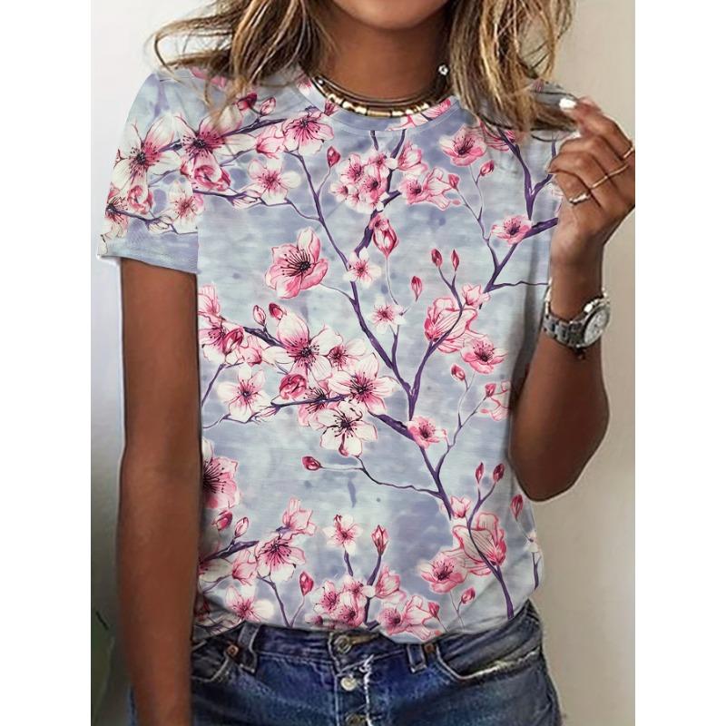 Fashionable and creative new flower print women's round neck short-sleeved T-shirt tops