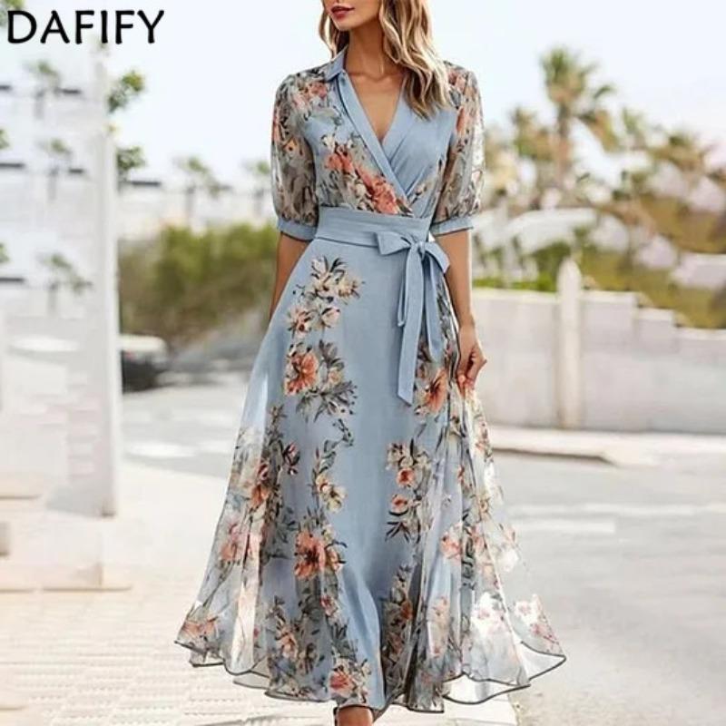 DAFIFY Damemote Sommer Vårblomstermønster Print Kortermet POLO-hals Høy midje uformelle kjoler