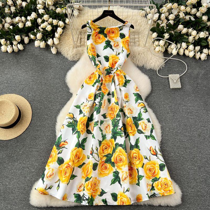 

Classy Dress Women s Vintage Court Style Print Cinched Sleeveless Vest Dress 2024 Summer Dress Big Hem A- line Skirt Yellow XL