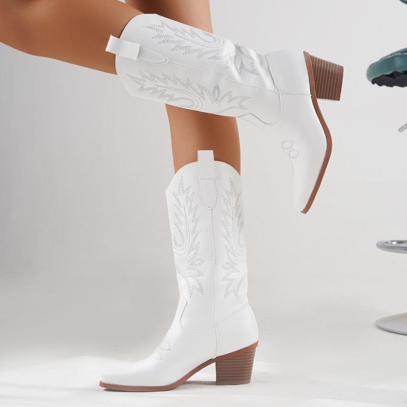 White Large Size Mid-Calf Boots Pointed Toe Square Heel Women Shoes Embroidery Cowgirl Knight Boots Vintage Black High Heels