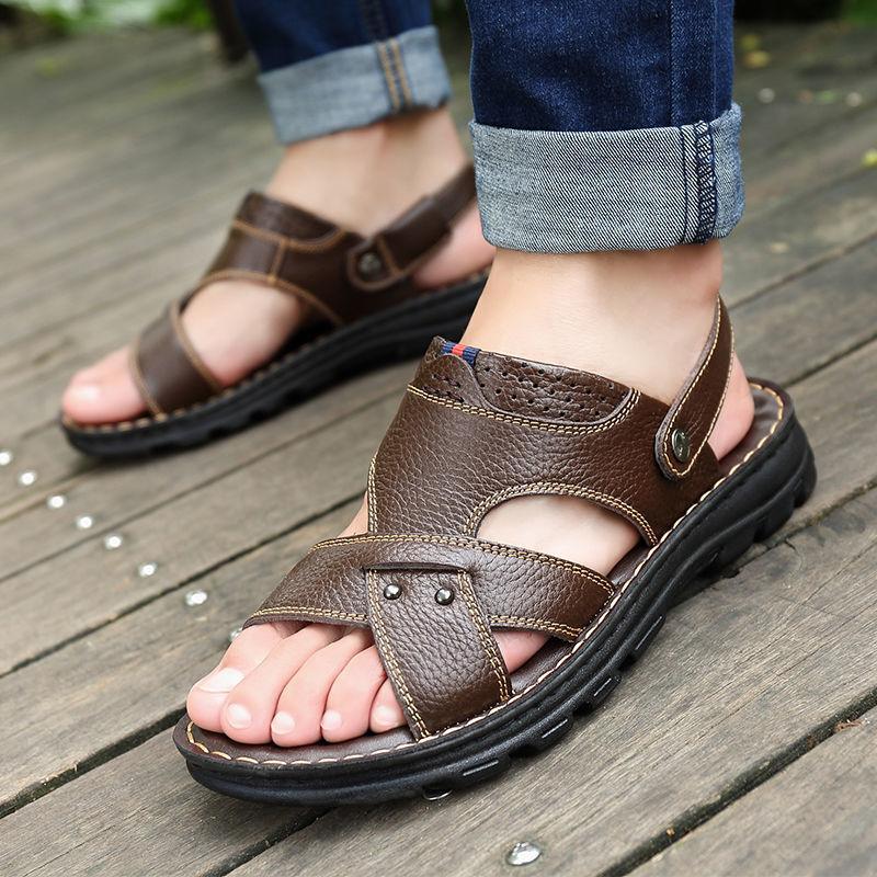 Fashion Summer Men Leather Sandals Genuine Leather Non-slip Men Shoes Slippers Outdoor Thick-soled Beach Shoes Comfor Soft Men Sandalias