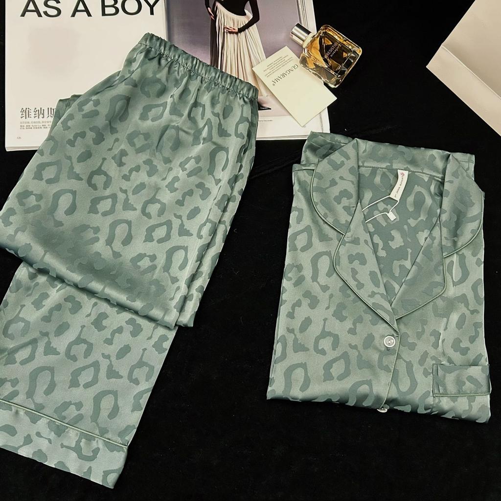 1011 Ice Silk Spring and Autumn Pajamas Women's Leopard Print Jacquard Lapel Long Sleeve Pants Loungewear