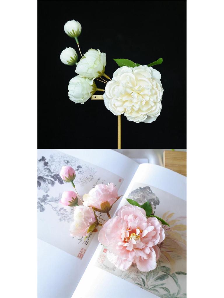Vintage Seidenpfingstrosen Haarspange, Elegantes Hanfu Kopfschmuck-Accessoire