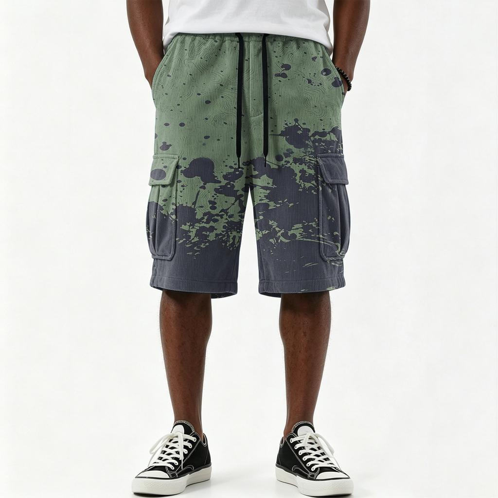 Pantalones Cortos Cargo Casuales para Hombre con Estampado Degradado, Cordón, Múltiples Bolsillos, Longitud hasta la Rodilla, Parte Inferior Ligera para Verano