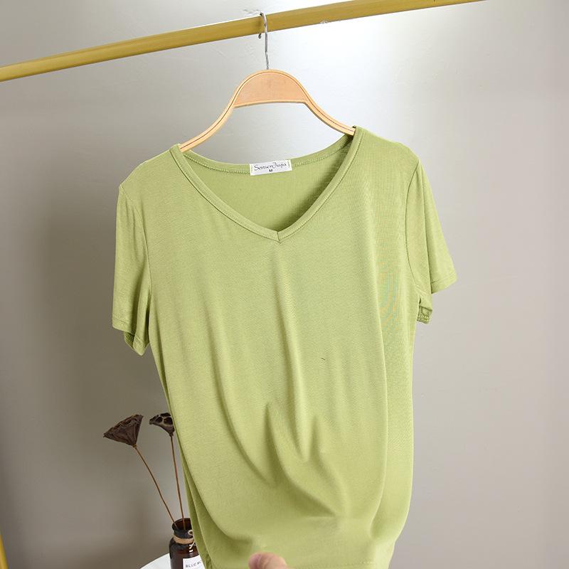 Damen V-Ausschnitt Kurzarm T-Shirt Lockerer Schnitt Pendler Freizeit Oberteil Einfarbige Modal Knitterfest Basis Layering T-Shirt Für Frühling Sommer Tägliche Kleidung