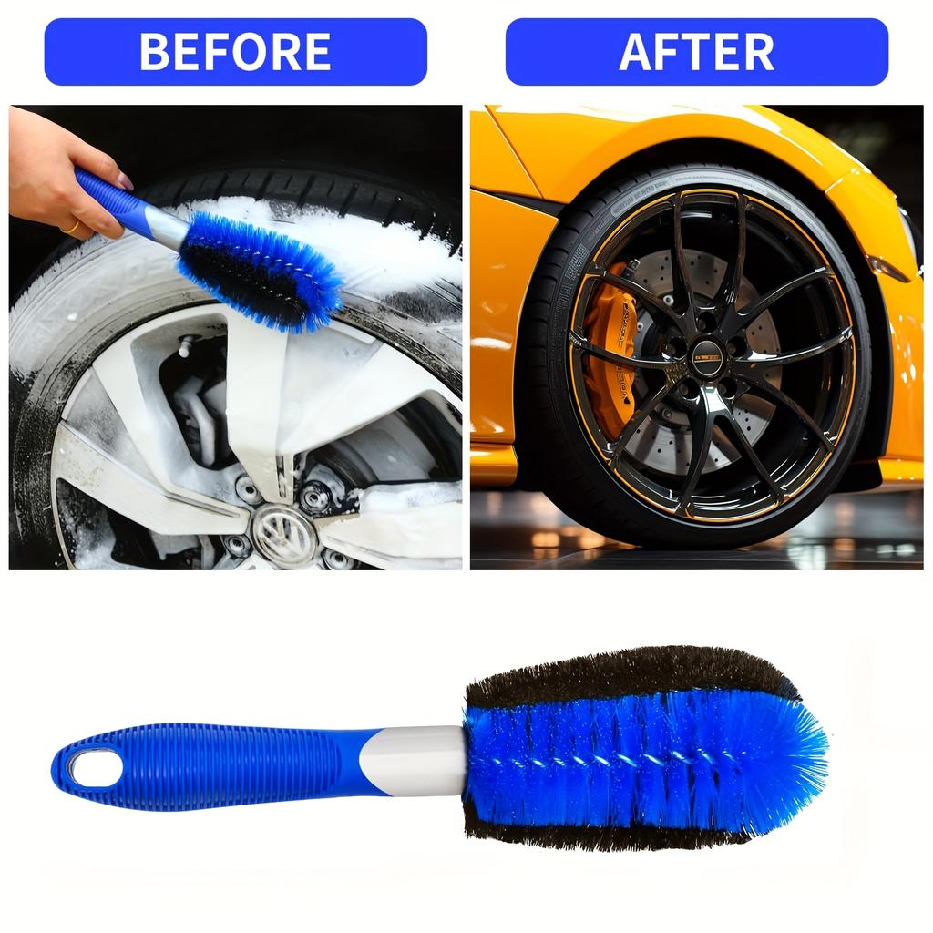 1pc Curved Handle Wheel Cleaning Brush with Soft Bristles & Reinforced Core - Multi-Surface Scrubber for Car Rims/Tires/Exterior