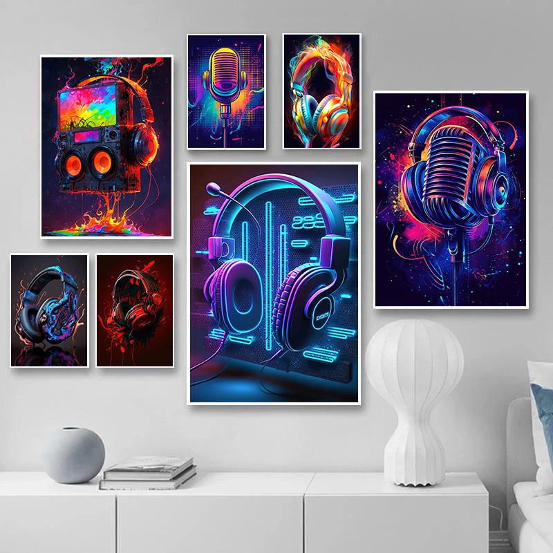 Hot Live Music Neon Headphones DJ Posters Colorful Boombox Microphone Party Prints Canvas Painting Wall Picture Home Room Decor