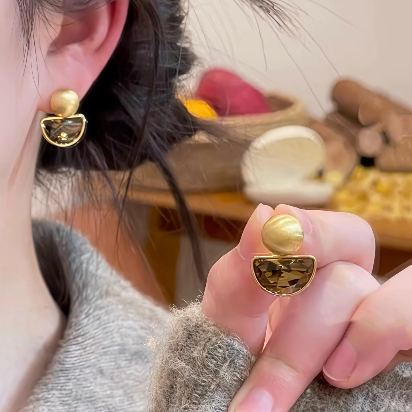 Elegant French Coffee Crystal Ball Stud Earrings for Women - Half-Circle Gold Brushed Design for Unique Style.