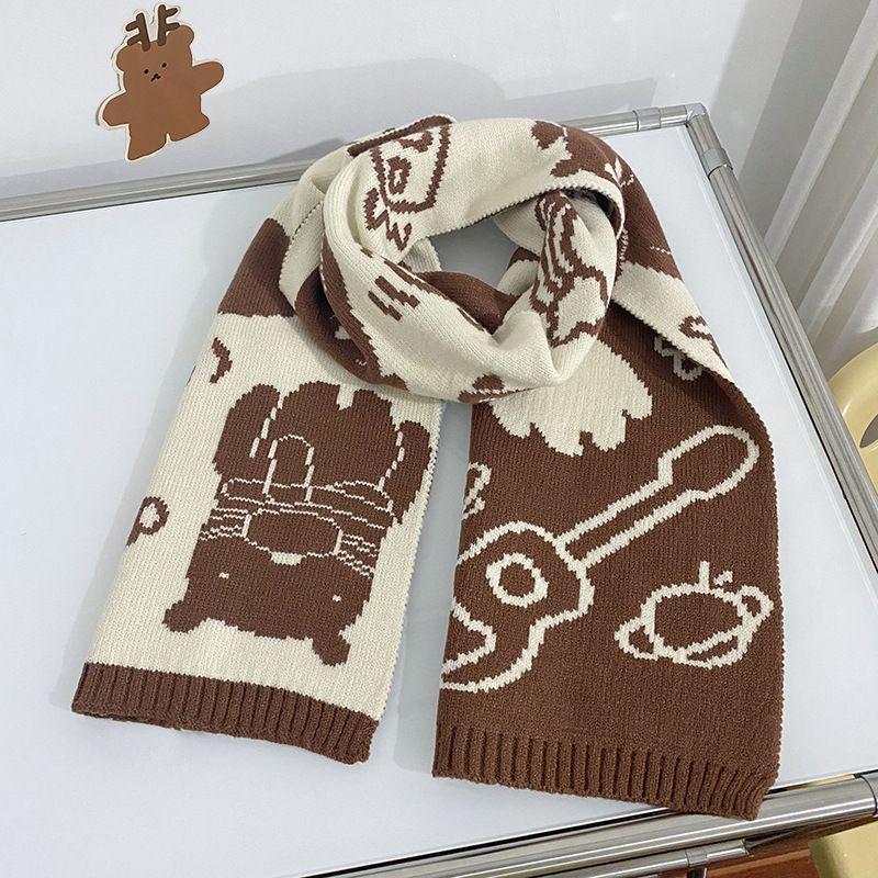Japanese Double sided Color blocked Guitar Bear Knitted Scarf for Women in Winter Soft and Waxy Warm and Versatile Sweet Scarf for Students