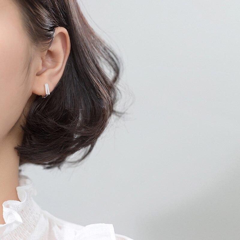 925 Sterling Silver Crystal Double Rows Square Charm Stud Earrings for Women Girl Elegant Party Jewelry Prevent Allergy Eh313