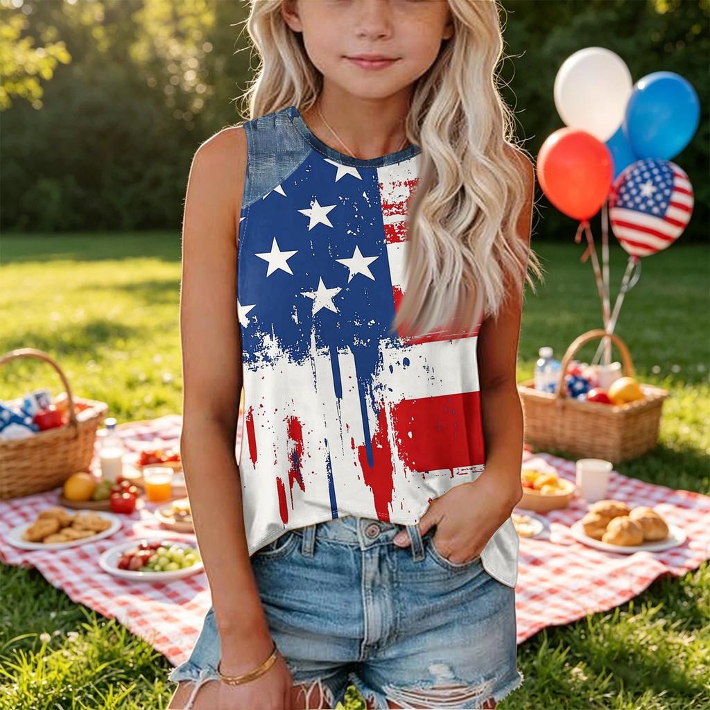 Sleeveless Loose Fit Tank Top with Abstract Swirl Print and Denim Shoulder Panels Round Neck Casual Summer Shirt for Women
