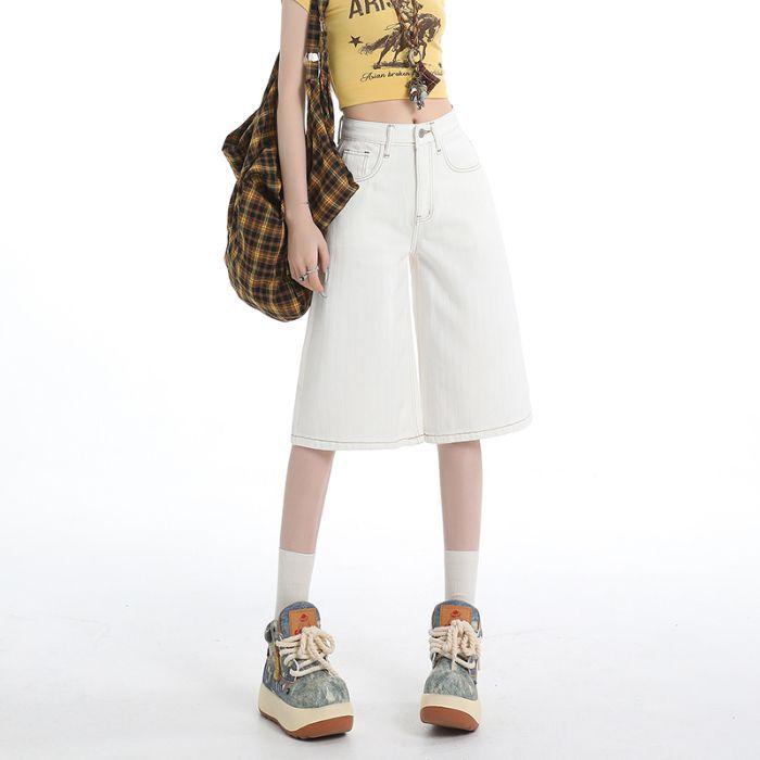 Fashion Striped High Waist Loose Wide Leg Straight Five Points Cropped Capri Denim Pants For Women Versatile Slimming FigureFlattering Design