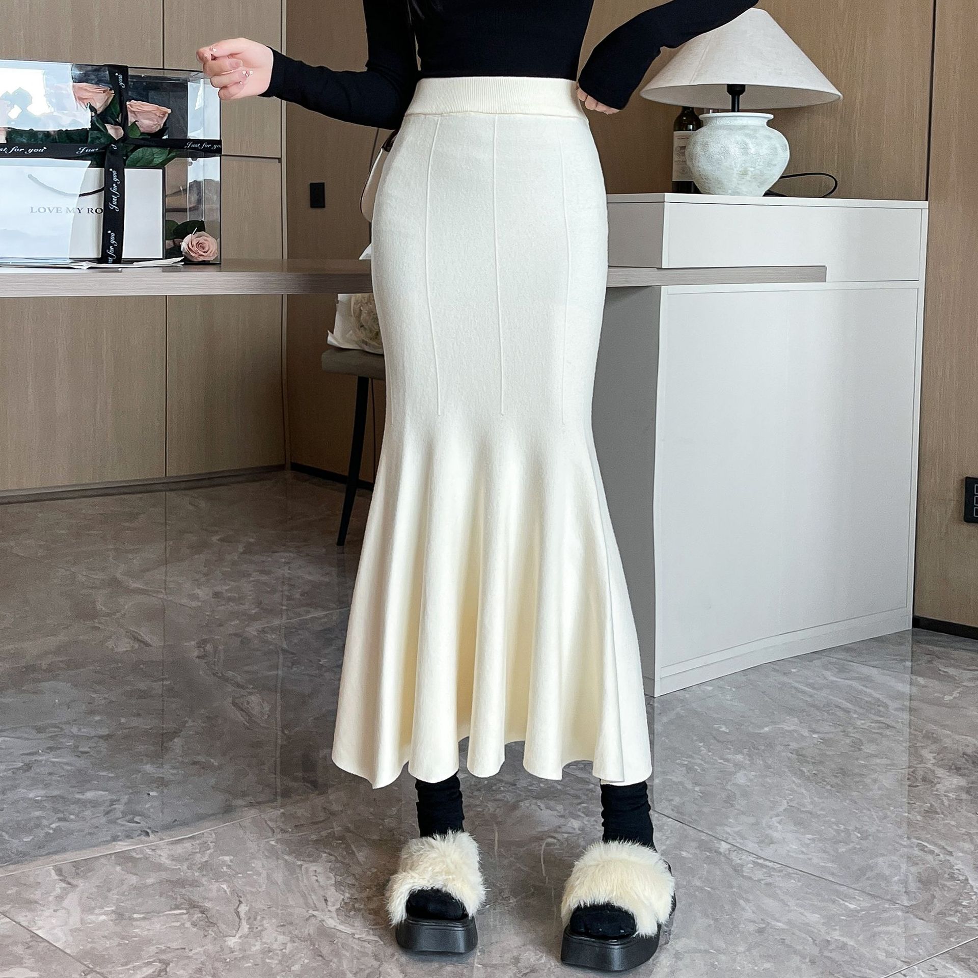 

Осенне-зимняя уличная трикотажная юбка с высокой талией и бедрами, корейская модная юбка-рыбий хвост, элегантная офисная женская длинная юбка для женщин one size