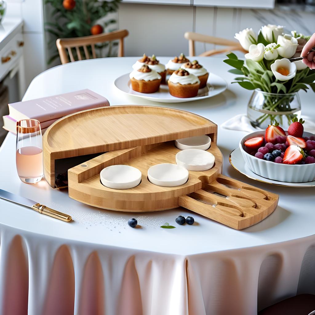 Wood Cheese Serving Platter Set, Complete with 3 Knives and 3 Bowls, Ideal for Entertaining, with Perfect Gift for New Home, Wedding, Bridal Shower