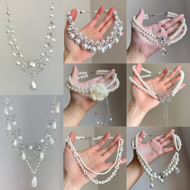 Elegant Imitation Pearl Pendant Choker Necklace, Crystal Flower Butterfly Layered Neck Chain, Victorian Style Clavicle Necklace for Women
