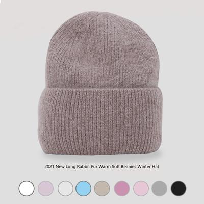 Angora Rabbit Fur Knitted Hat for Women Warm  Fashionable Autumn Winter Solid Color Woolen Hat Pullover Cap for Men  Women Couple Style
