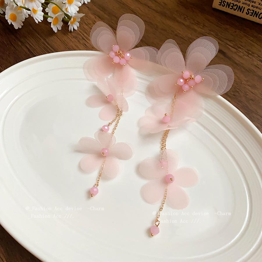 Steel needle glass chiffon flower fringed earrings, fresh and sweet temperament earrings, new earrings, niche and high-end sense