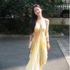 French Fairy Yellow Gradient V-Neck Spaghetti Strap Beach Dress for Women