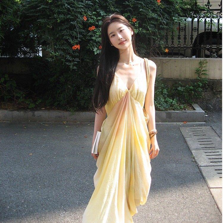 French Fairy Yellow Gradient V-Neck Spaghetti Strap Beach Dress for Women