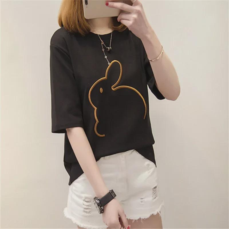 

2025 Корейская летняя футболка свободного кроя с вышитым кроликом для женщин XL