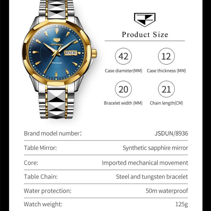 JINSHIDUN New Business and Leisure Men's Watch Automatic Mechanical Watch Tungsten Steel Double Calendar Luminous Waterproof High-end Watch