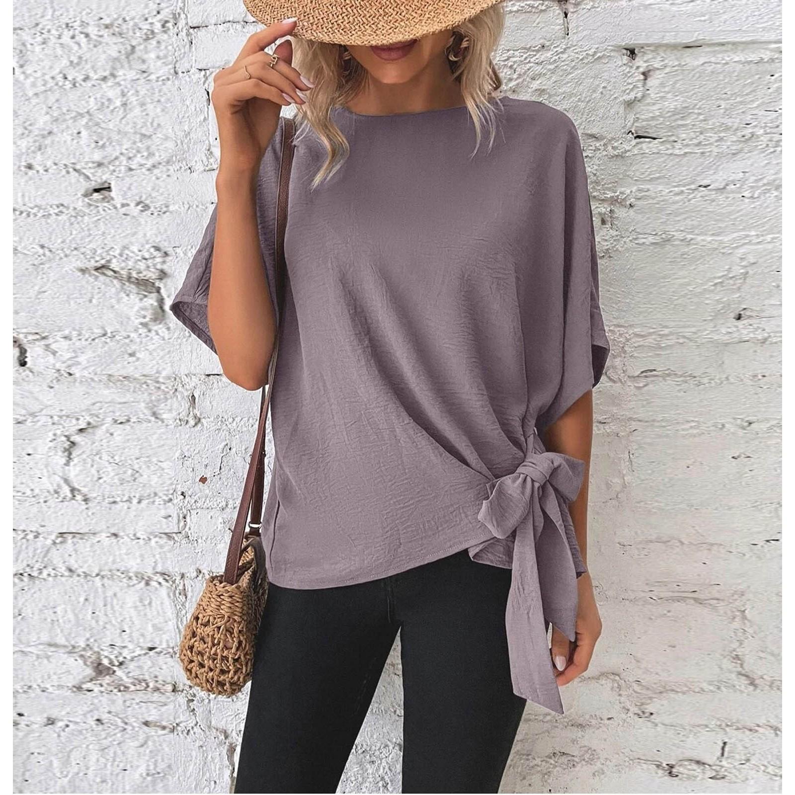 

Женские летние свободные повседневные футболки с короткими рукавами и круглым вырезом размера плюс, однотонные повседневные удобные топы с завязками на подоле XL фиолетовый