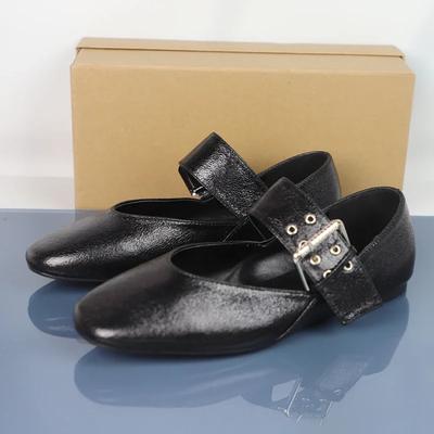 Fashion High Quality Women's Mary Jane Shoes Vintage Round Toe Soft Leather Black Decorative Strap Buckle Barefoot Flats for Female