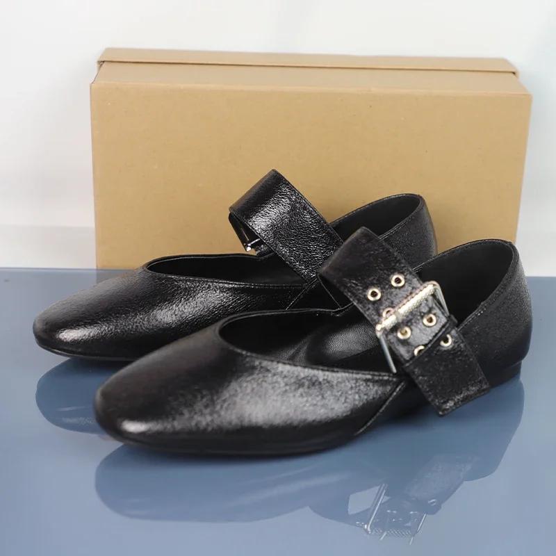 

Модные женские туфли Мэри Джейн высокого качества, винтажные, с круглым носком, из мягкой кожи, черные, с декоративным ремешком и пряжкой, балетки для женщин 36 чёрный