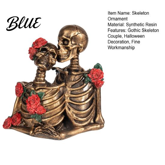 Gothic Skeleton Figurine Halloween Couple Figurine Vintage Kissing Resin Statue Ornament Rose Sculpture for Holiday Party Decoration