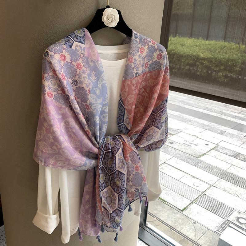 Old Qian Feng Cashew Nut Silk Scarf Women'S Spring, Autumn Winter Collocation Baotou Neck Protector Hanging Beard Ethnic Style Scarf Cardigan Shawl