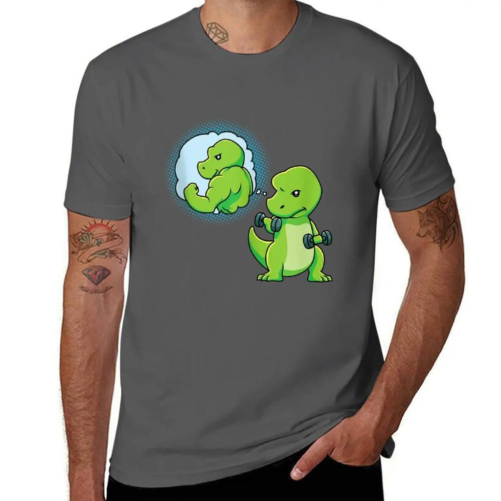 Dinosaur Weight Lifting Dumbbells Fitness Goals Gym Workout Deadlift Dinosaur Funny T-Shirt Tops Blacks Mens Fashion