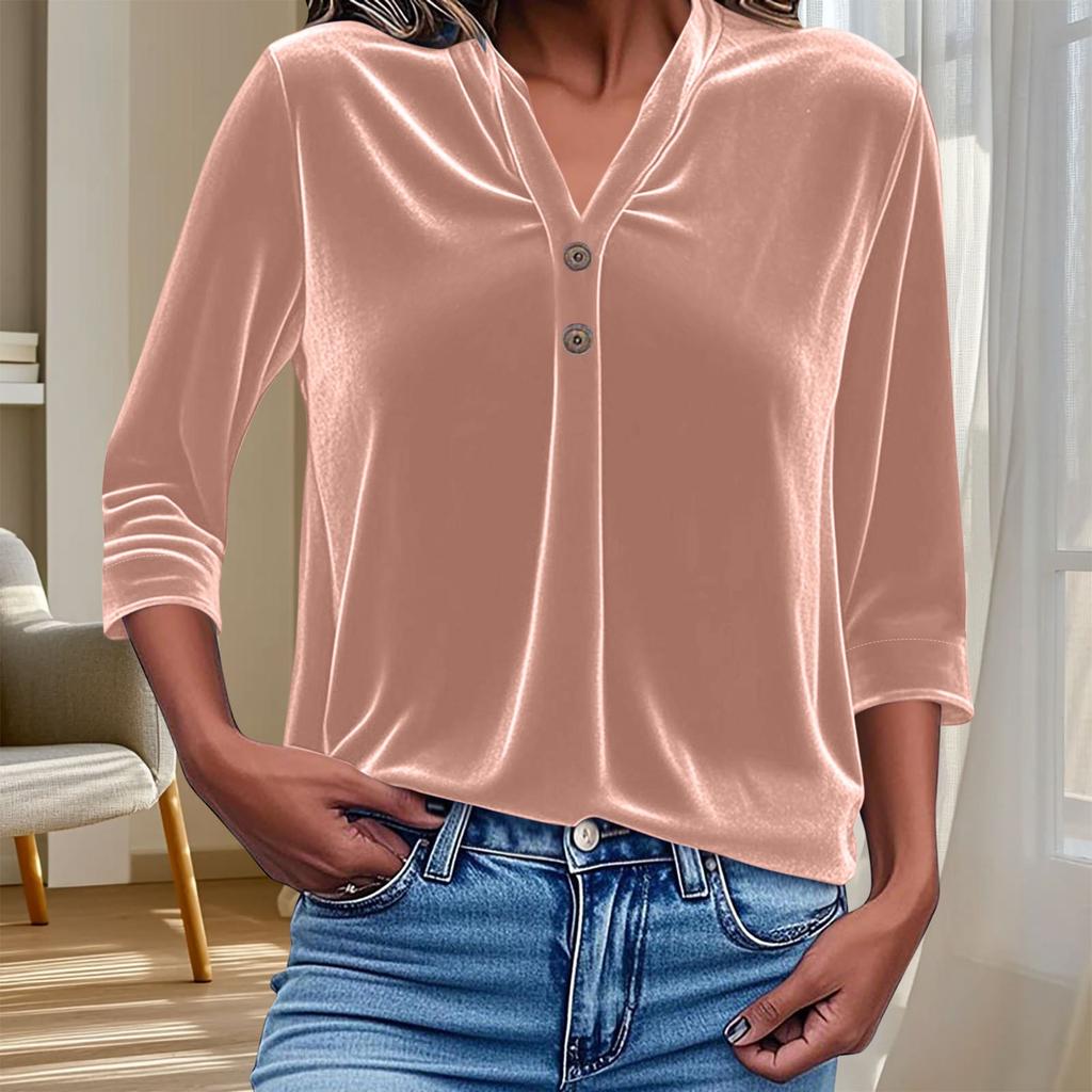 Damen Goldenes V-Ausschnitt Knopfleiste Hemd Locker Einfarbig Sieben-Ärmel Oberteil