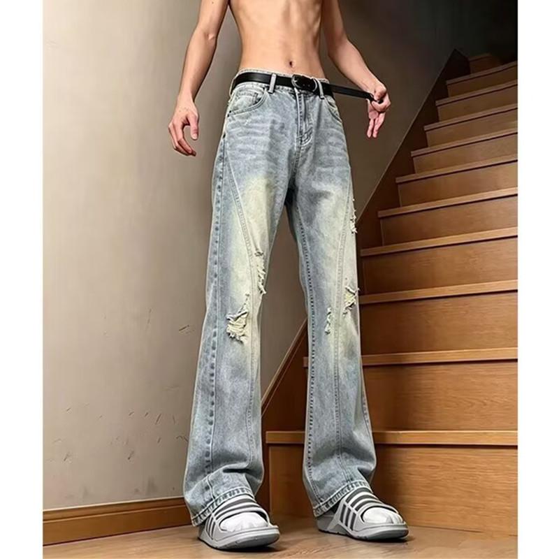 Ripped jeans men's summer loose straight wide legs trendy brand ruffian pants American high street vibe casual
