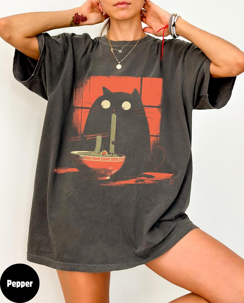 Black Cat T-Shirt, Cat Lover Gift, Ramen Kawaii Shirt, Alt Clothing, Anime Cat, Japanese, Foodie Shirt, Ramen Lover, Kitty Tee Gift