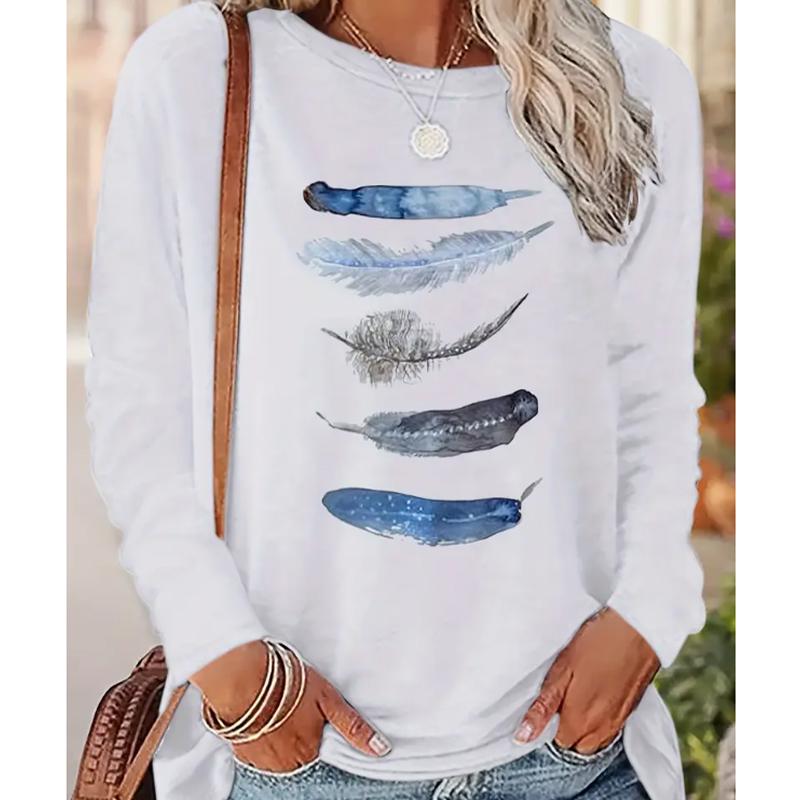 

2025 Осень и Зима Женский Новый Повседневный Топ с Круглым Вырезом и Длинным Рукавом с 3D Принтом Перьев L белый